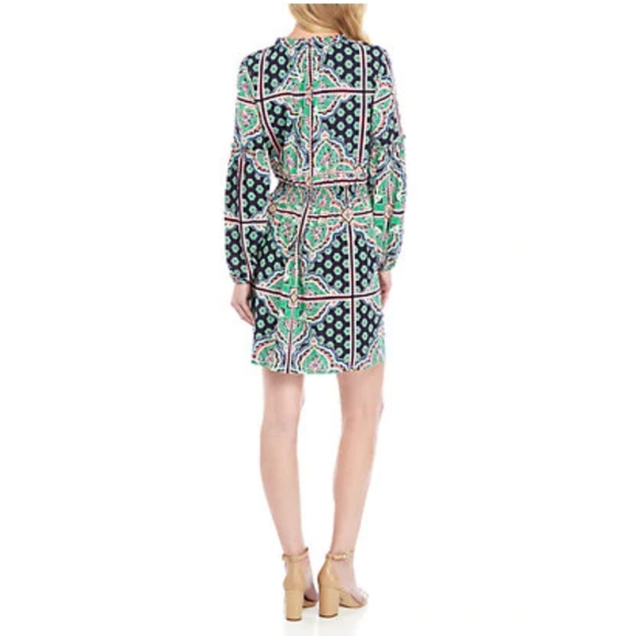 Long Sleeve Ruffle Split Neck Printed Peasant Dres - Picture 2 of 8